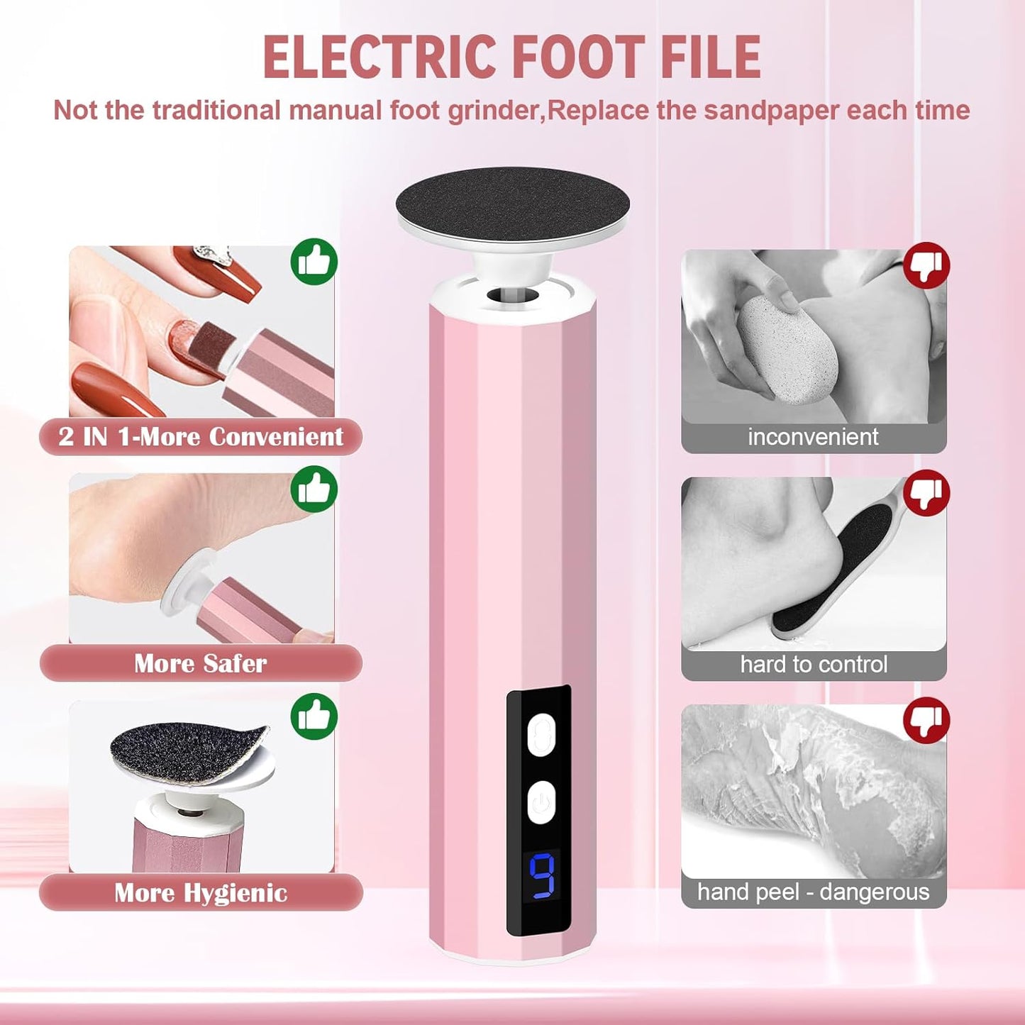 Electric Foot File 2-in-1 Foot Callus Remover with 50pcs Sandpaper Discs, Callus Remover for Feet Professional Pedicure Tool for Dead Skin and Calluses 9 Adjustable Speed/Reversible Rotation - Pink