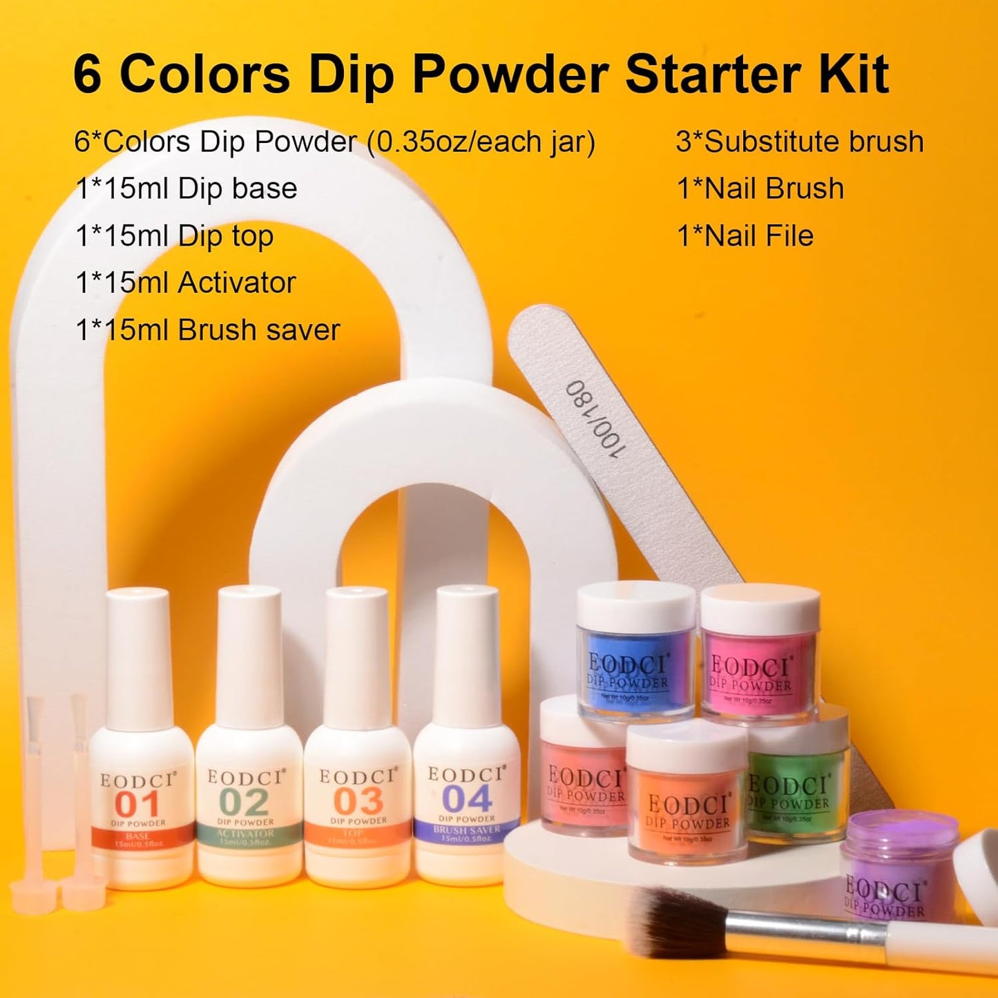 12 Pcs Dip Powder Nail Kit Starter Kit, 6 Colors Pink Red Orange Green Blue Dipping Powder Kit with Base & Top Coat/Activator/Brush Saver, Nail Art Dip Manicure Kits Salon DIY for Women