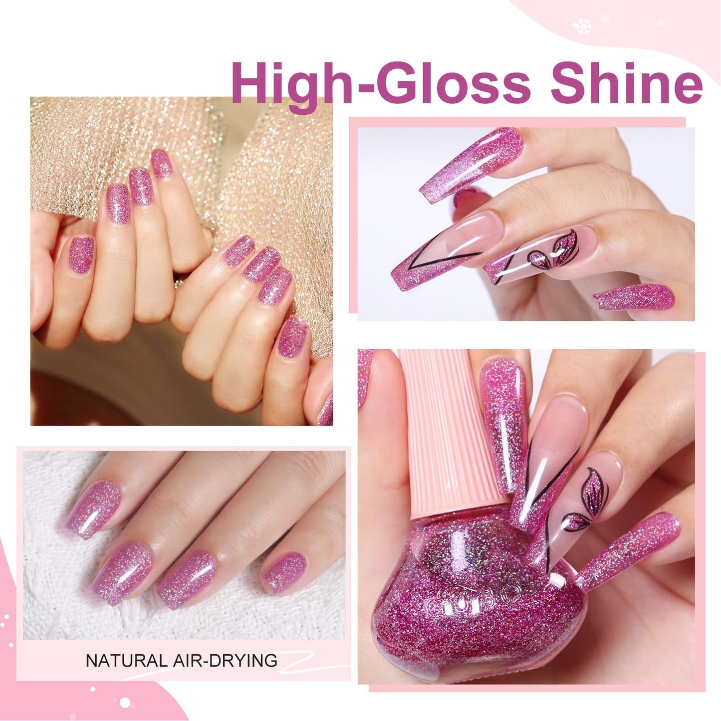 Major Dijit Quick Dry Nail Polish Glitter VioletRed Summer Nail Lacquer for Nail Art Regular Nail Polish 0.41 fl oz.