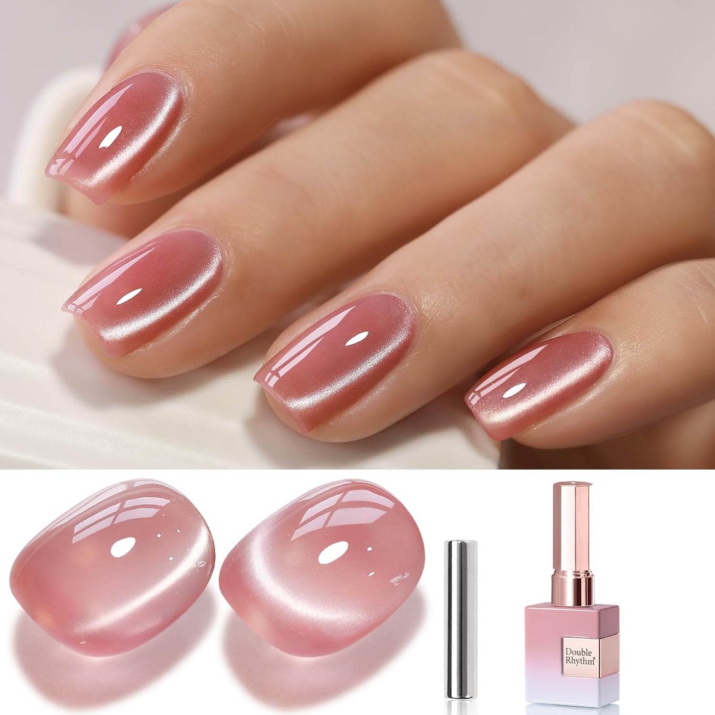 Double Rhythm 0.5 Oz Cat Eye Gel Polish with Magnet Same Color Same Bottle Holographic Glitter Shimmer Translucent Color Salon 15 ML Magnetic Nail Art (Rose Pink-MC1165)