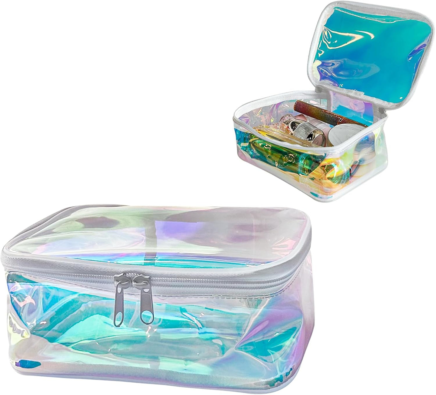 Holographic Makeup Bags Bulk,Clear Storage Bag Toiletry Pocket Portable Zippered Iridescent Pouch Waterproof Cosmetic Gift Bags for Women (Holographic Pink(White Frame))