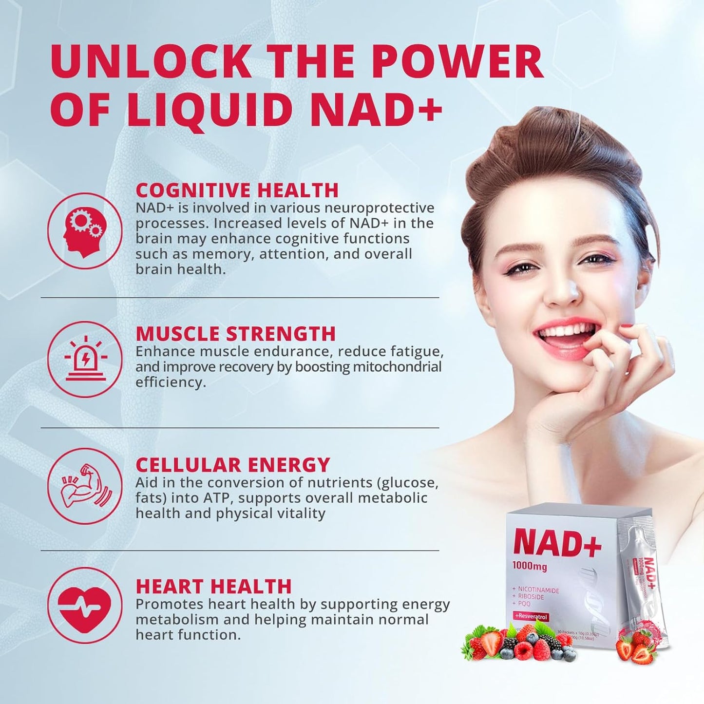 High-Potency 1000mg Nicotinamide Riboside with Resveratrol, PQQ & Quercetin Liquid Supplement, Berry Flavor Drink Mix, Boosts Cellular Energy, Focus & Anti-Aging, 30 Packets