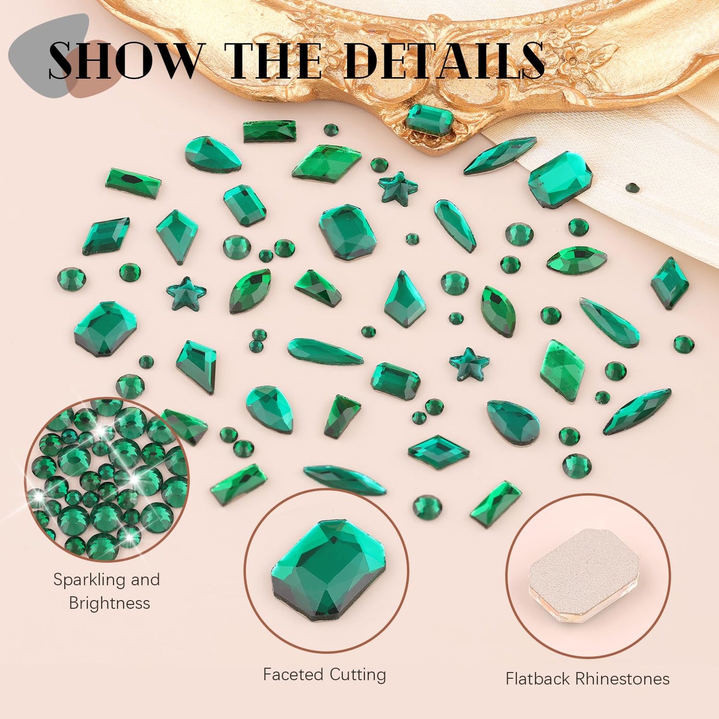 3220Pcs Emerald Green Glass Nail Rhinestones 120Pcs Multi Shapes Flatback Nail Gems +3100Pcs 1.5-4mm Round Crystal with Rhinestones Glue Gel, Manicure Nail Charms Diamond Gemstones for Nail Art