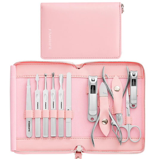FAMILIFE Manicure Set Professional Manicure Kit Nail Kit - 11PCS Gifts for Her Nail Clippers for Women Stainless Steel Pedicure Sets Pink Leather Case