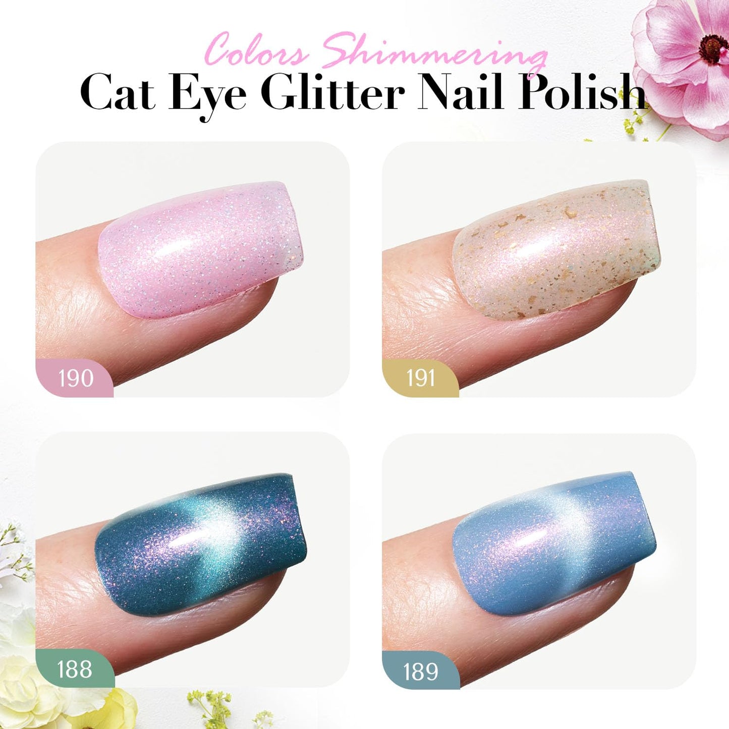 AZUREBEAUTY Magnetic Cat Eye Nail Polish Set – 2 Cat Eye & 2 Glitter Colors with Top Coat, Chrome Shimmer Gel Effect, Quick Dry Long Lasting DIY Nail Kit for Salon Home