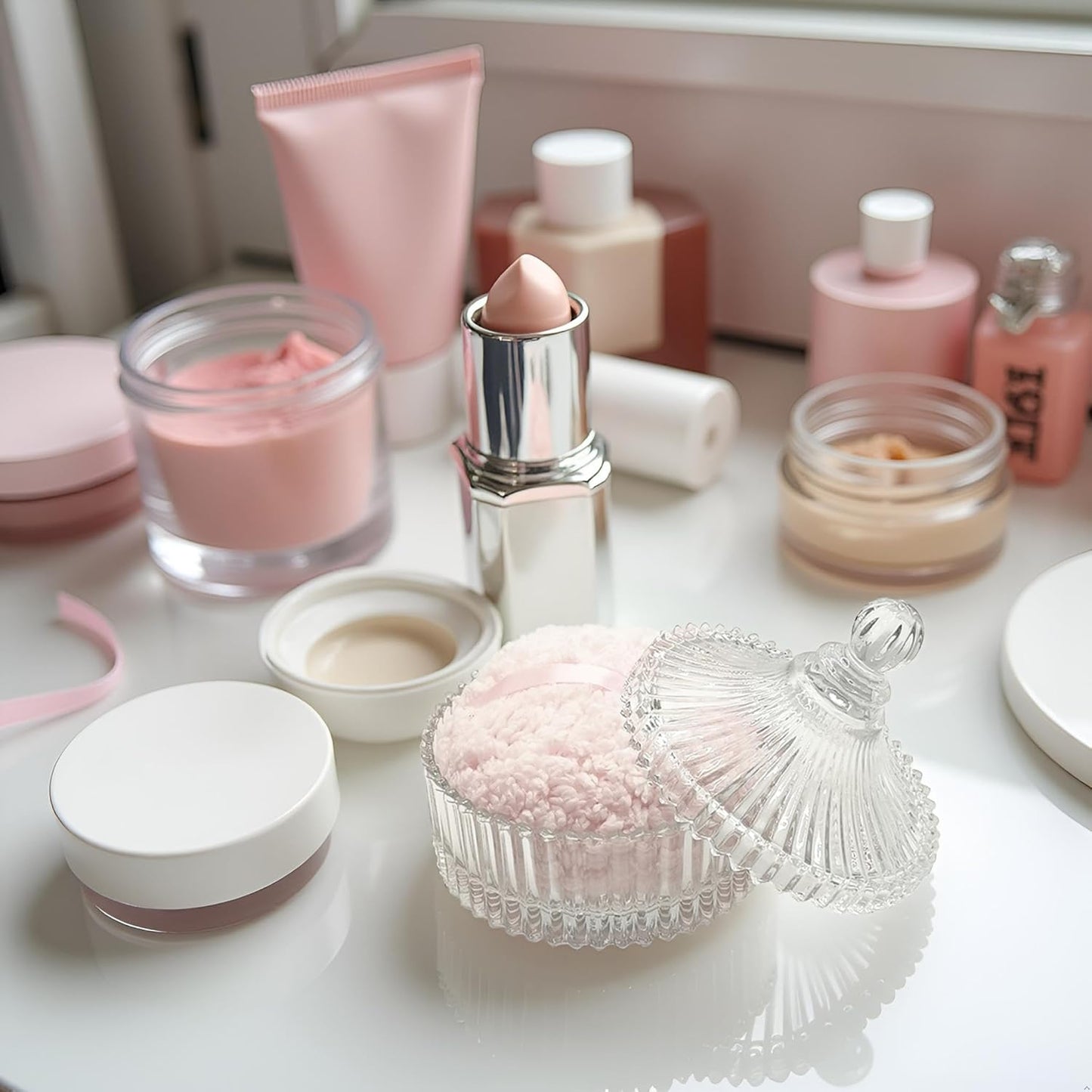 Extra Large Body Powder Puff and Container - Vintage Glass Dusting Powder Container with Soft Puff for Women & Girls (5.9x5.9x5.9 IN)-GRB010-Transparent