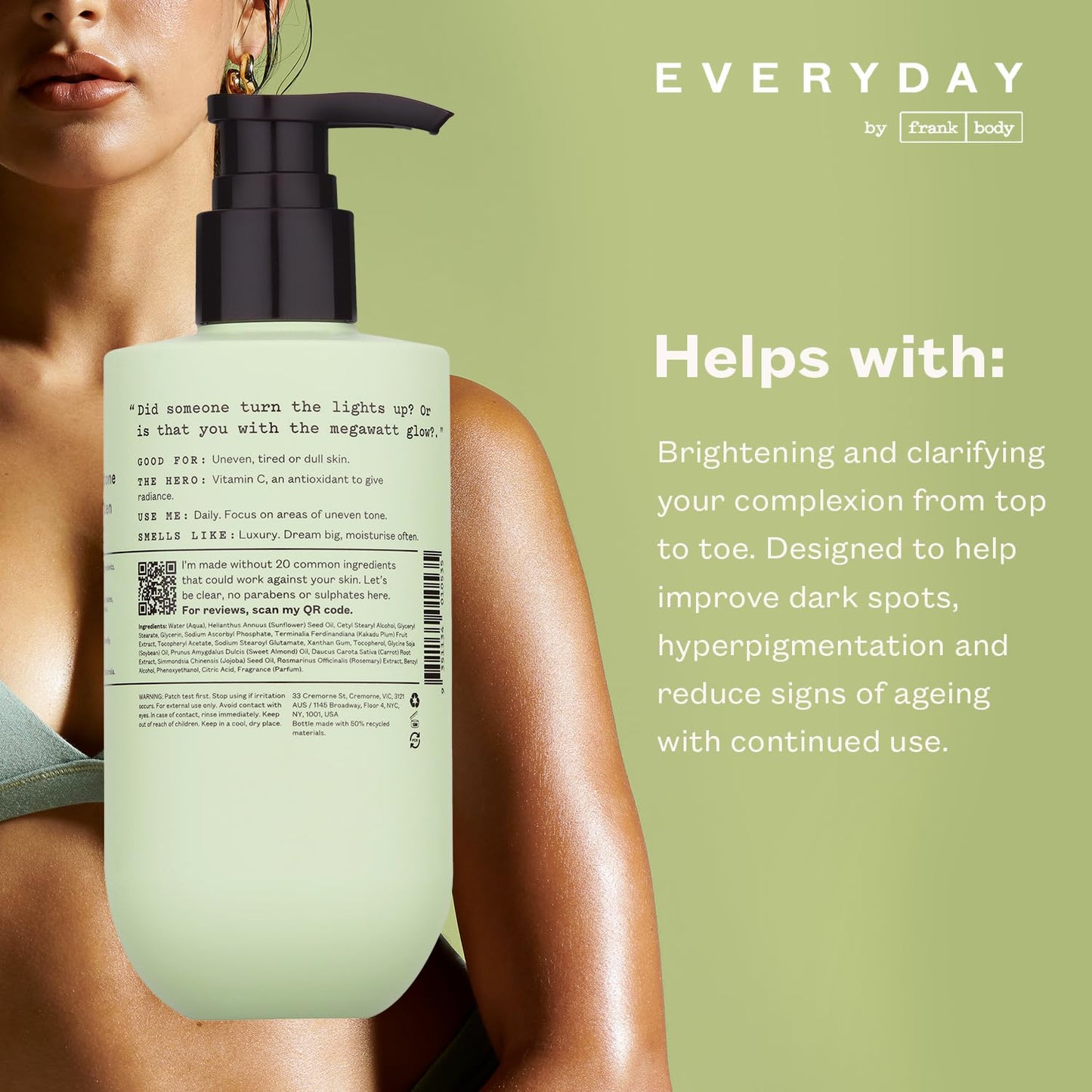 frank body Brightening Body Lotion | Evens Tone, Brightens Dark Spots & huperpigmentation | Vitamin C, Kakadu Plum & Vitamin B5 | Bamboo & Camellia Scent | Vegan & Cruelty Free | 250ml / 8.45 fl oz