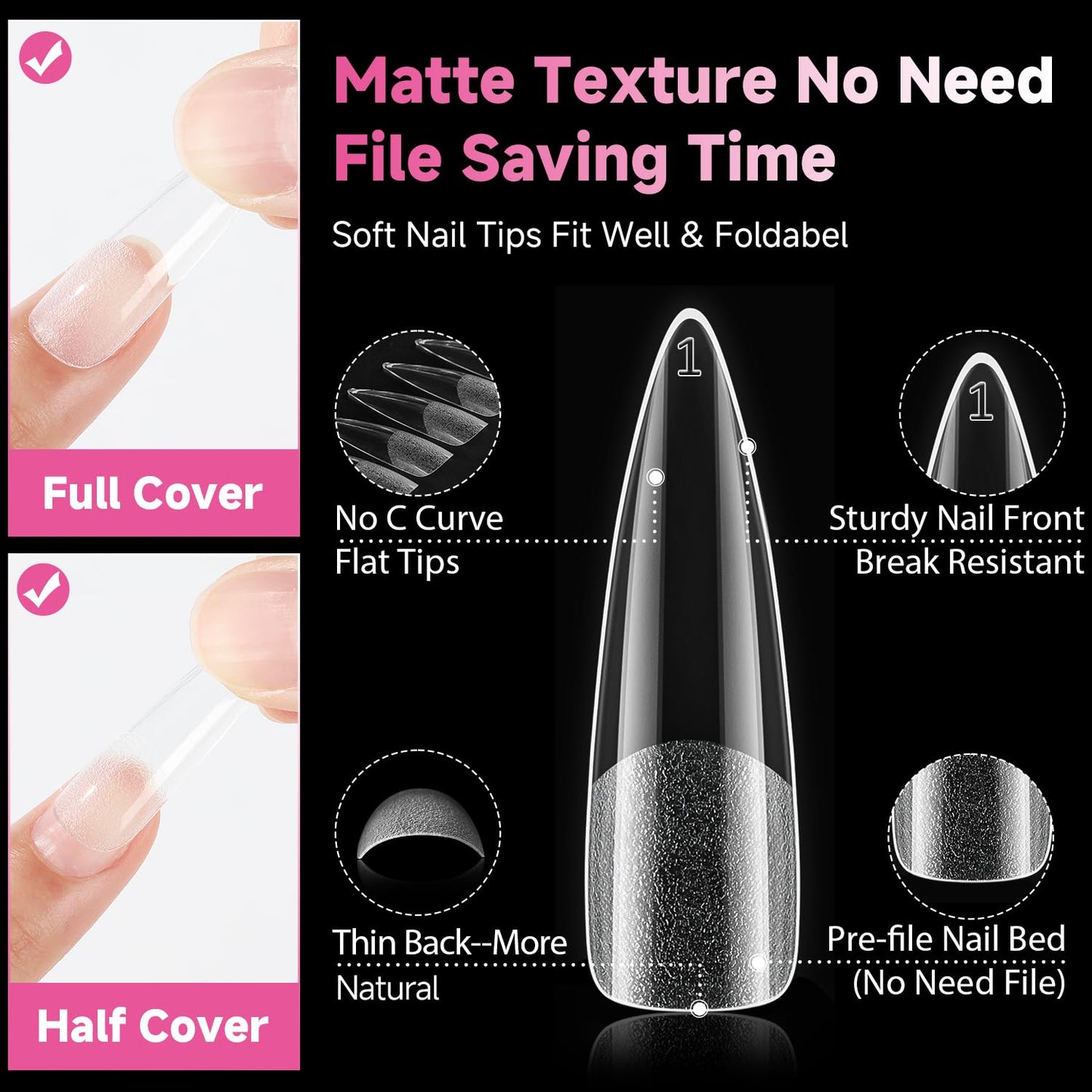 UNA GELLA Halloween XXL Stiletto Nail Tips, 312pcs Pre-Shape Extra Long Stiletto Nails Tips Pre Etched Full Cover No Need File Clear Fake Nails for Party DIY Art Salon 12 Sizes