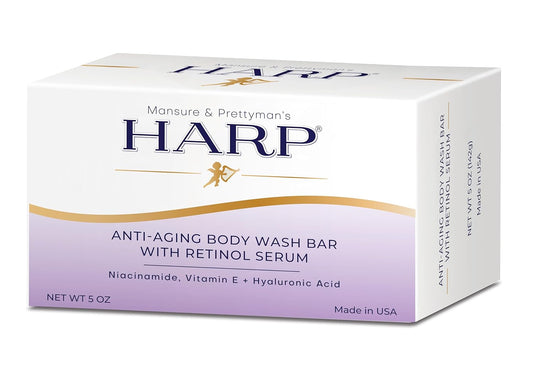 HARP Anti-Aging Body Wash Bar With Retinol + Niacinamide, Vitamin E, Hyaluronic Acid. 100% Syndet Base. Soap/Lye/Dyes and preservative-free. Non-comedogenic. FRAGRANCE FREE. 5oz