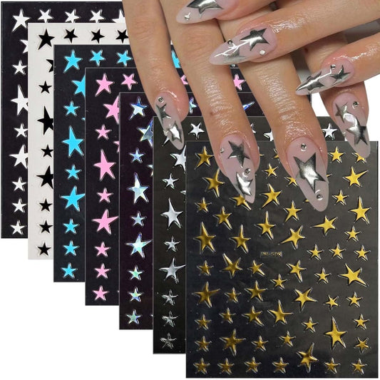 14 Sheets Star Nail Stickers 3D Glitter Nail Decals Gold White Blue Pink Silver Black Stars Nail Art Stickers Geometry Star Nail Sticker Nail Art for Women DIY Manicure Decorations