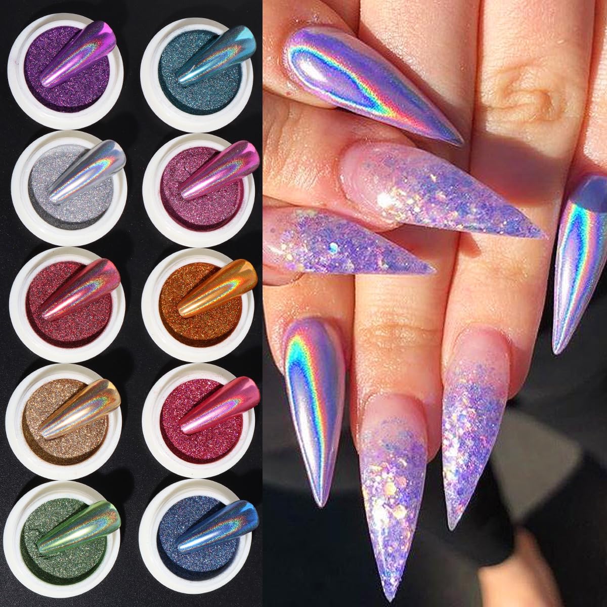 10 Colors Holographic Laser Nail Powder, Holo Aurora Iridescent Metallic Mirror Laser Effect Chrome Pigment Glitter Dust for Nail Art DIY Decorations, Sponge Tool/10PCS, Nail Swatch Sticks/24PCS