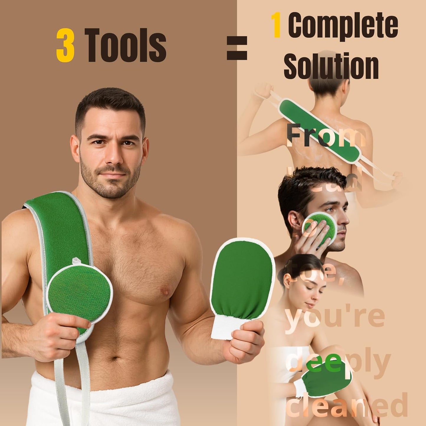 Exfoliating Glove Set (Original) – 3 Pieces Moroccan Hammam Scrub Mitts for Face, Body & Back – Deep Skin Cleansing & Dead Skin Removal – Reusable Spa Exfoliator – Assorted Colors (GREEN)