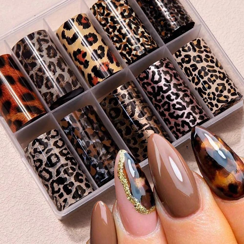 Leopard Print Nail Art Foils Transfer Stickers 10Pcs Leopard Snake Print Nail Foils Adhesive Decals Nail Supplies Laser Starry Sky Paper Manicure Accessories for Women Fall Nail Art Decorations
