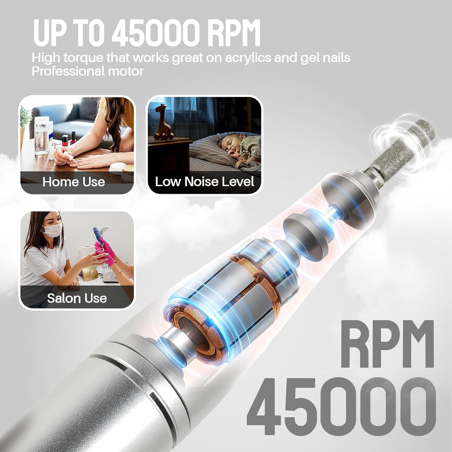 Electric Nail Drill Portable Nail Drill Professional 45000 RPM 6 Salon Quality Drill bits 6 Sanding Bands Portable & Low Noise for Acrylic Nails Gel Polishing Removing Bits Kit for Home Use