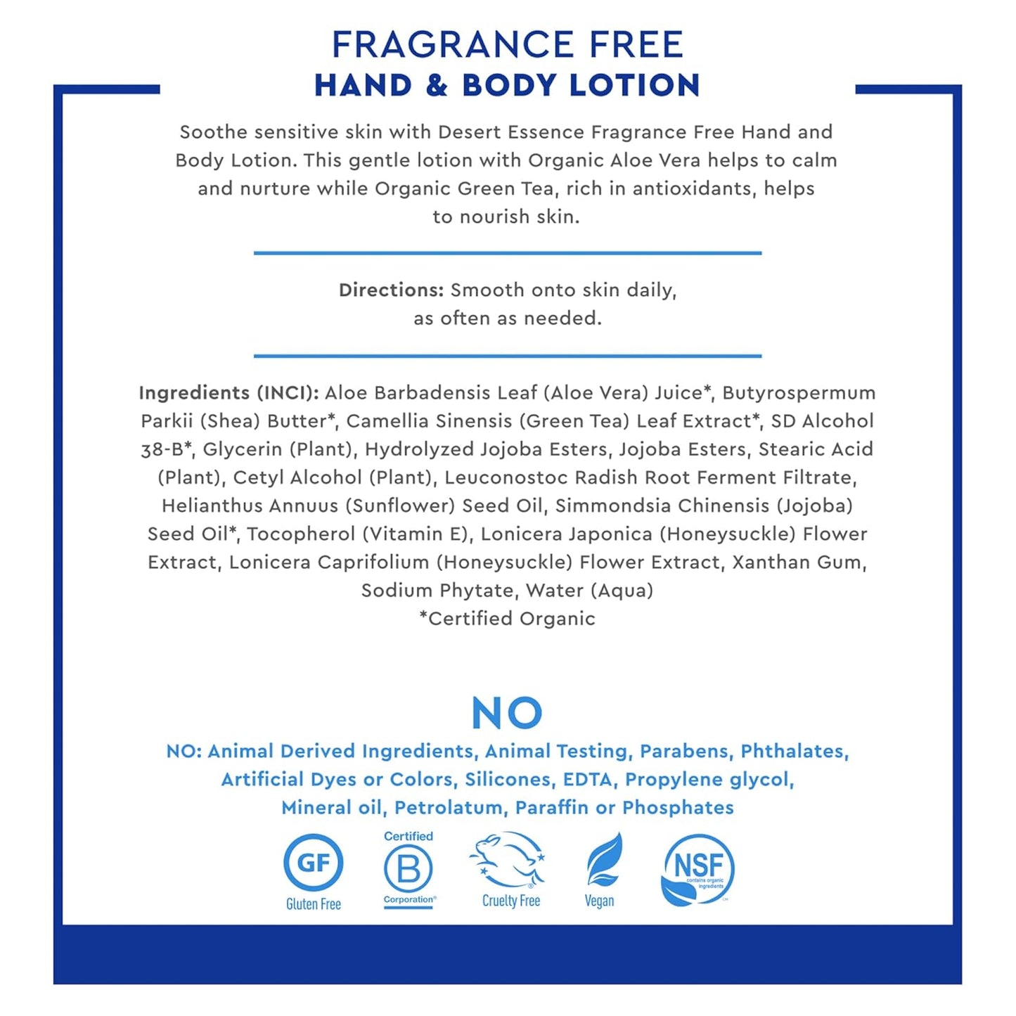 Desert Essence Fragrance Free Hand & Body Lotion - 8 Fl Ounce - Soothing - Aloe Vera - Shea Butter - Green Tea - Coconut Oil - Jojoba Oil