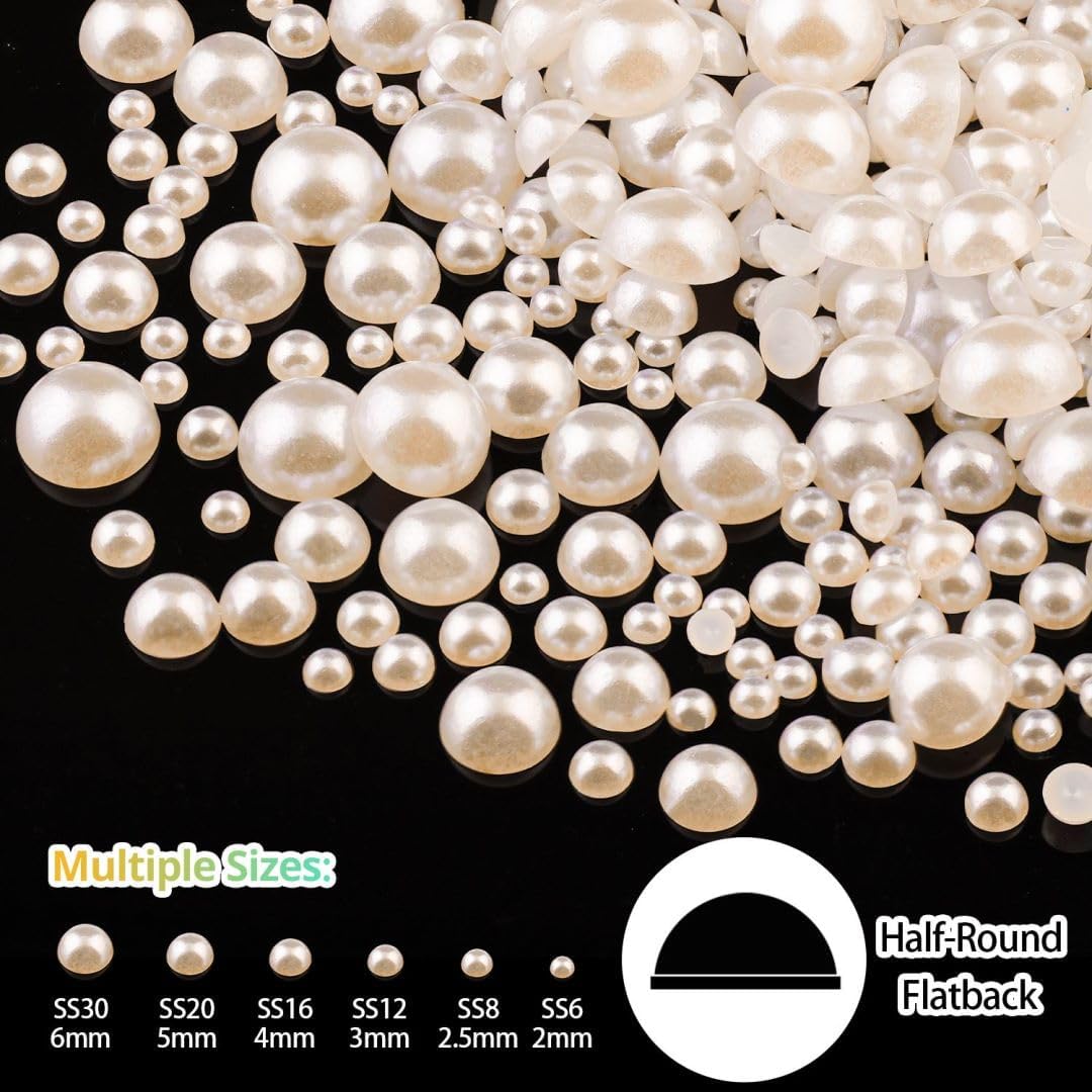 Rhinestones for Nails & Pearls, Manicure Kit, 2-5mm Flat Back Glass Crystal AB + Transparent Clear Gemstones, 2-6mm Beige Half Round Pearls, Gems for Nail Art with Pickup & Dotting Tools