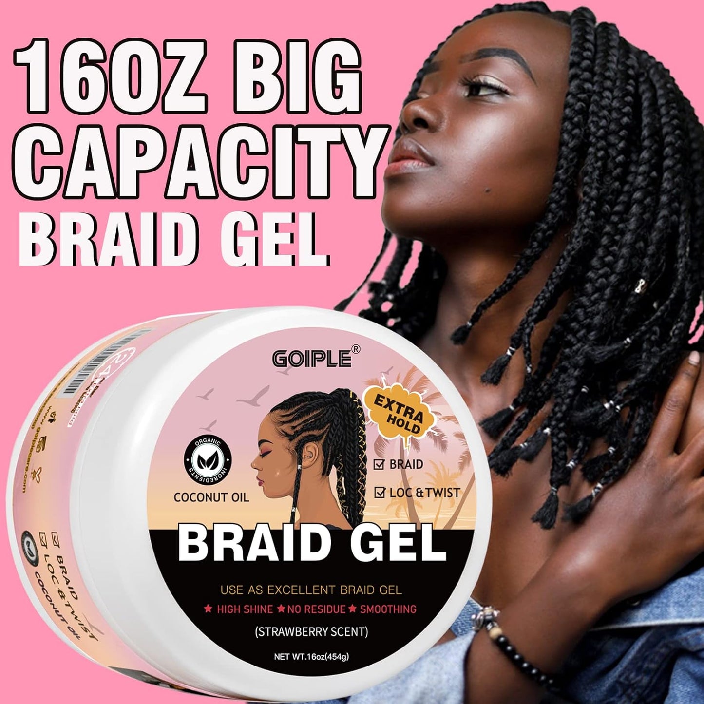 16oz Big Capacity Braid Gel Good for Twist, Locs, Braids, Edge No Flake Extra Hold High Shine Braiding Gel & Edge Control, Loc Gel Long Lasting for Locks, Cornrows Smooths & Tames Frizz
