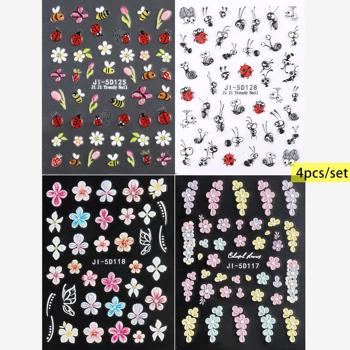 Ladybugs Nail Stickers Bees Ants Snails Daisy 5D Embossed Flowers Nail Stickers Cute Cartoon Insects Animals Nail Decals Ladybird Stickers for Nail Art Butterfly Nail Charms Nail Decoration