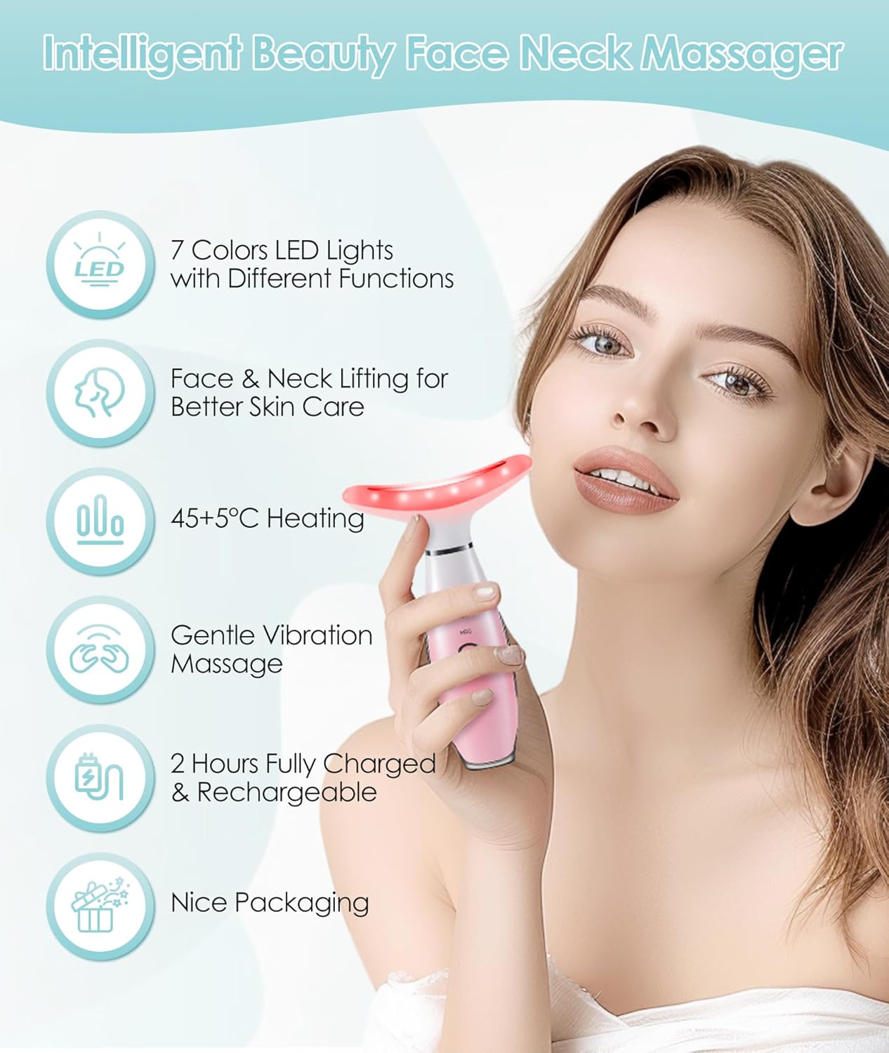 7 Color Neck Face Massager - Facial Massager Tool for Skin Care at Home, Vibrating Face Massager with Thermals, Pink