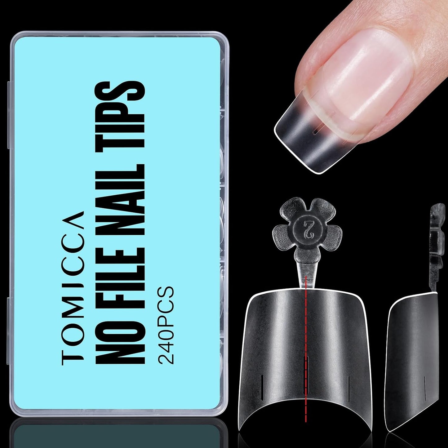 TOMICCA Short Squoval Nail Tips, 240Pcs Acrylic Half Cover Tips, 12 Sizes No C Curve Full Matte Gel Nail Tips, Nail Extension Tips for Beginner and Professional