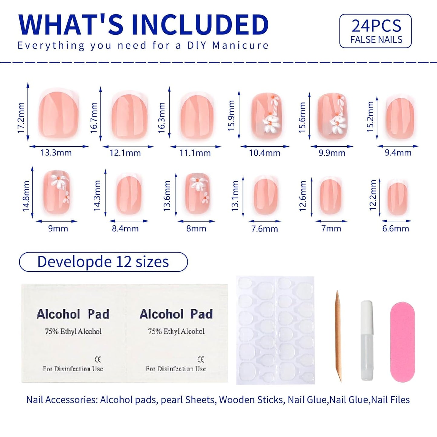 French Nude Press On Nails Short Square, Summer Fake Nails with White French Tip and 3D Daisy Flower Design, Glossy Gel Finish Acrylic Nails, Natural Reusable Glue On Nails Kit for Women, 24 Pcs