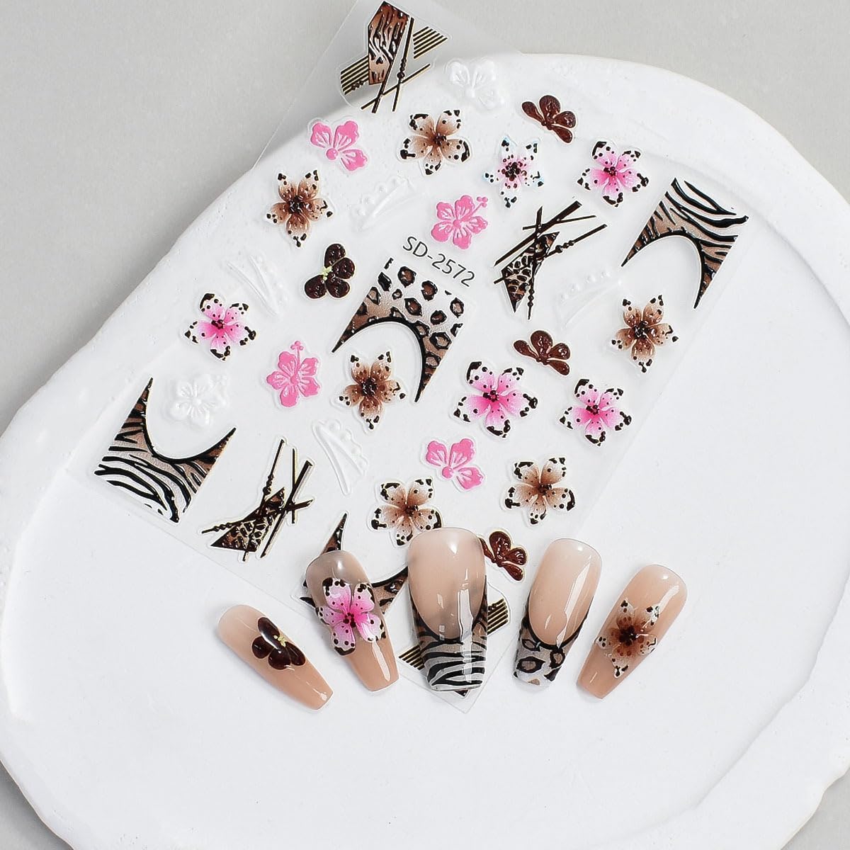 Fall Flowers Nail Art Stickers, Maillard Leopard Lily Nail Decals 3D Embossed with Sweet Cool Spicy Girl Style Design 8Pcs Nail Art Supplies for Women Nail Decoration