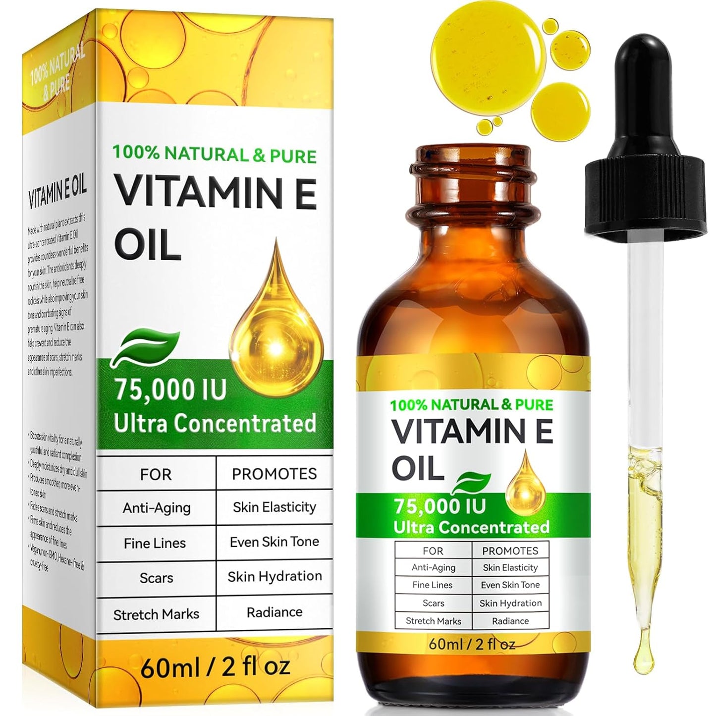 Essential Vitamin E Oil for Skin,Face,75000 IU Pure Vitamin E Body Oil for Women Girls 2 Oz