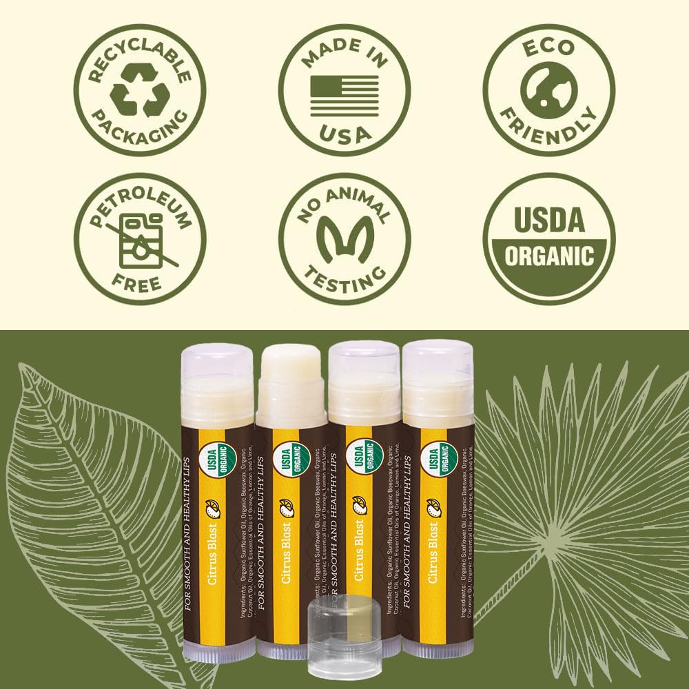 Earth's Daughter USDA Organic Lip Balm 4-Pack Citrus Flavor - Beeswax, Coconut Oil, Vitamin E - Best Lip Repair Chapstick for Dry Cracked Lips.
