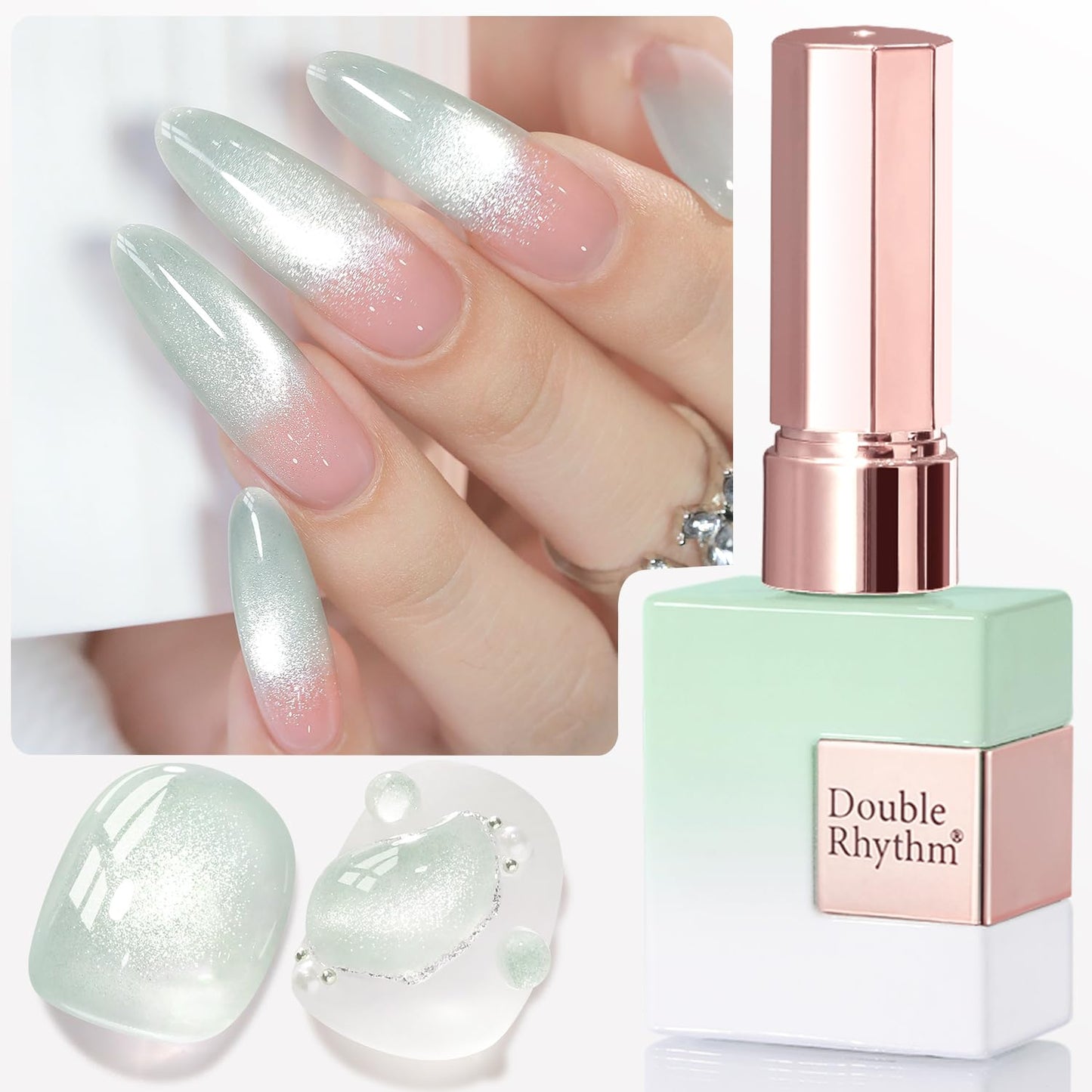 Double Rhythm 0.5 Oz Cat Eye Gel Polish with Magnet Same Color Same Bottle Holographic Glitter Shimmer Translucent Color Salon 15 ML Magnetic Nail Art (Light Green-MC1155)