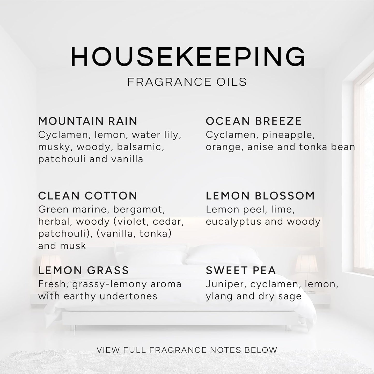 Eternal Essence Oils Housekeeping Set of 6 Premium Fragrance Oils - Includes Clean Cotton, Lemon Blossom, Lemon Grass, Sweet Pea, Ocean Breeze and Mountain Rain Scented Oils - 10ML