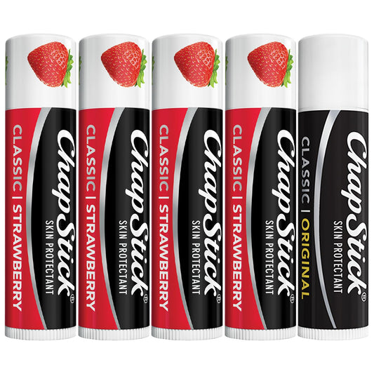 ChapStick Strawberry Lip Balm 4-Pack + 1 Classic Original ChapStick, Lip Moisturizer, 0.15 Oz Ea (5 Piece Set)