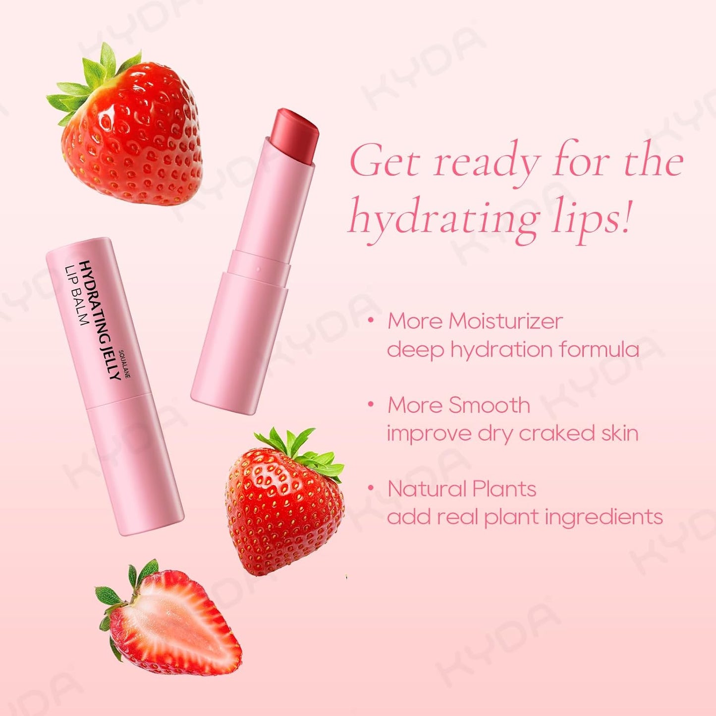 KYDA 3 Pcs Strawberry Moisturizing Lip Balm, Deep Hydrating Tinted Lip Balm, Reduce Fine Lines, Daily Lip Moisturizer for Dry Cracked Lips, with Real Strawberry Extract
