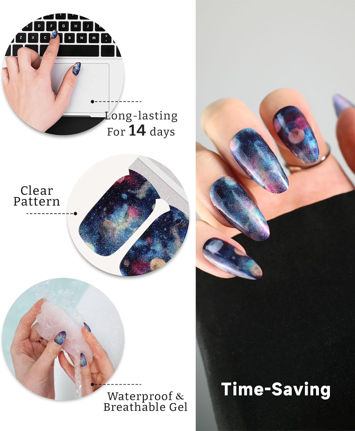 Glitter Nail Polish Strips, 32 Pcs Salon Quality Gel Nail Stickers, Long Lasting Wraps Easy to Use & Remove (Blue and Pink Planet)