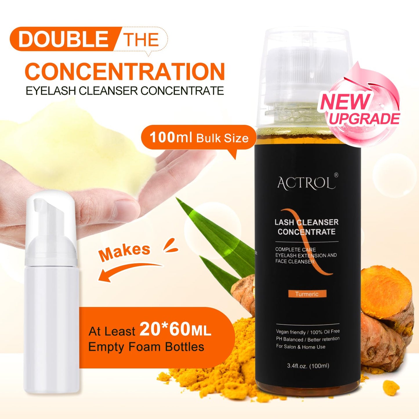 Eyelash Shampoo Concentrate 100ml Lash Extensions Cleanser Concentrate Turmeric Foaming Shampoo Paraben & Sulfate Free Wash for Extensions Lashes with Salon Home Care-Makes 60ml Bottles