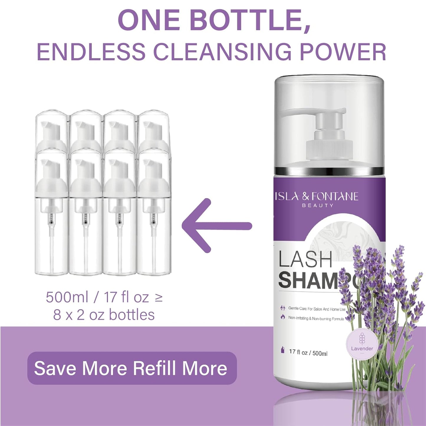 ISLA & FONTANE Lash Shampoo Bulk – Multi-Scent Series – 17 fl oz / 500ml | Gentle Eyelash Cleanser for Lash Extensions | Non-Irritating | Professional Lash Bath Foam For Salon And Home Use (Lavender)
