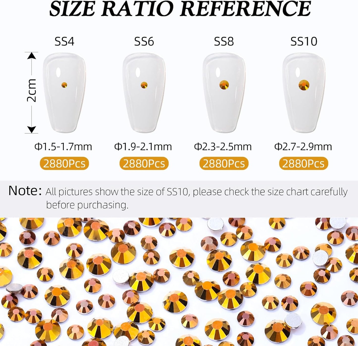 Gold Flatback Rhinestones, Glass Rhinestones for Nail Art and Craft, Glue Fix, Loose Crystal Gemstones(Gold, SS10, 2880pcs, 2.7-2.8mm)