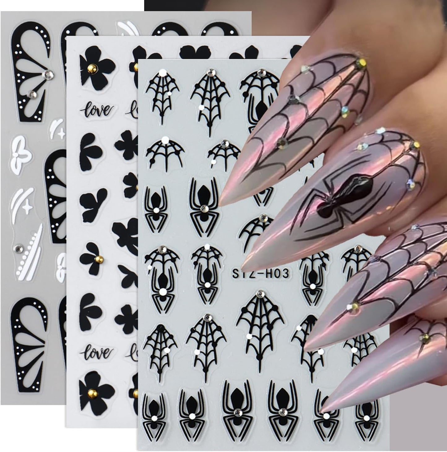 Halloween Nail Stickers Black Nail Decals Spider Web Nail Art Stickers Spider Flower Butterfly with Design Scared Nail Sticker for Nail Art Decor Holiday Manicure Supplies for Women 3Sheets
