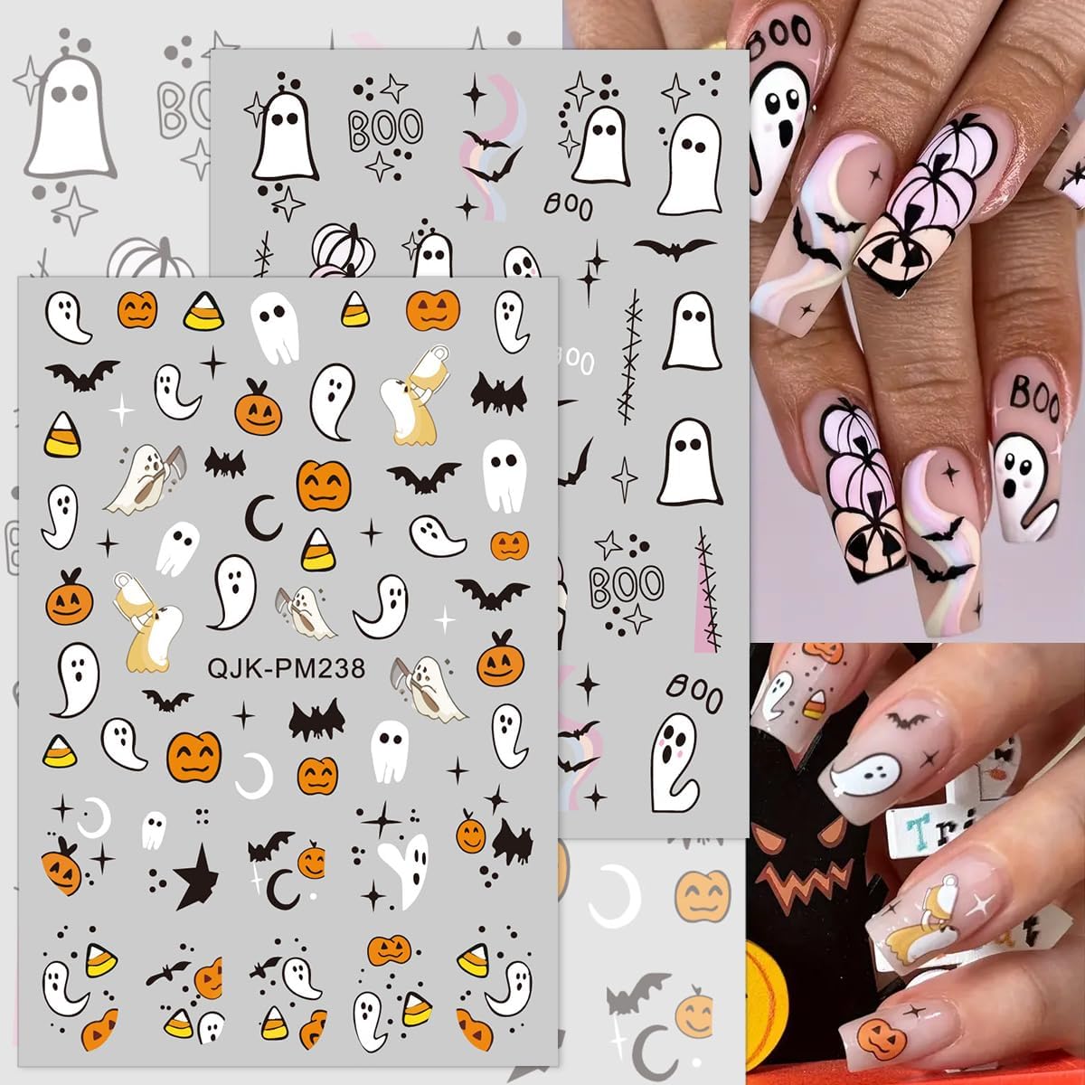 Halloween Nail Art Stickers - 3D Pumpkin, Spooky Ghost, Spider Web, Bats Decals - Self Adhesive Nail Design Stickers for Women DIY - 8 Sheets Decoration