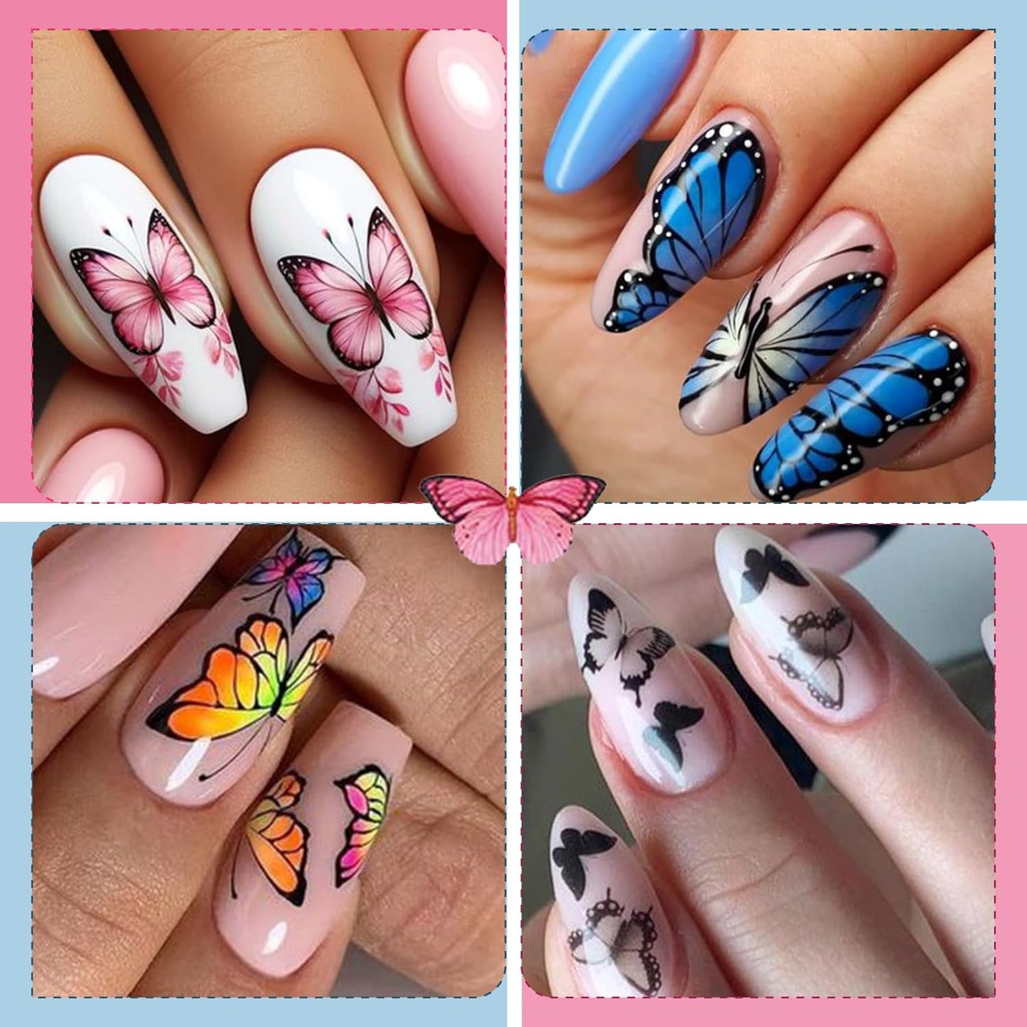 12 Sheets Butterflies Nail Art Stickers, Self-Adhesive 3D Butterflies Wings Nail Decals, Variety Color Glitter Design Nail Decorations