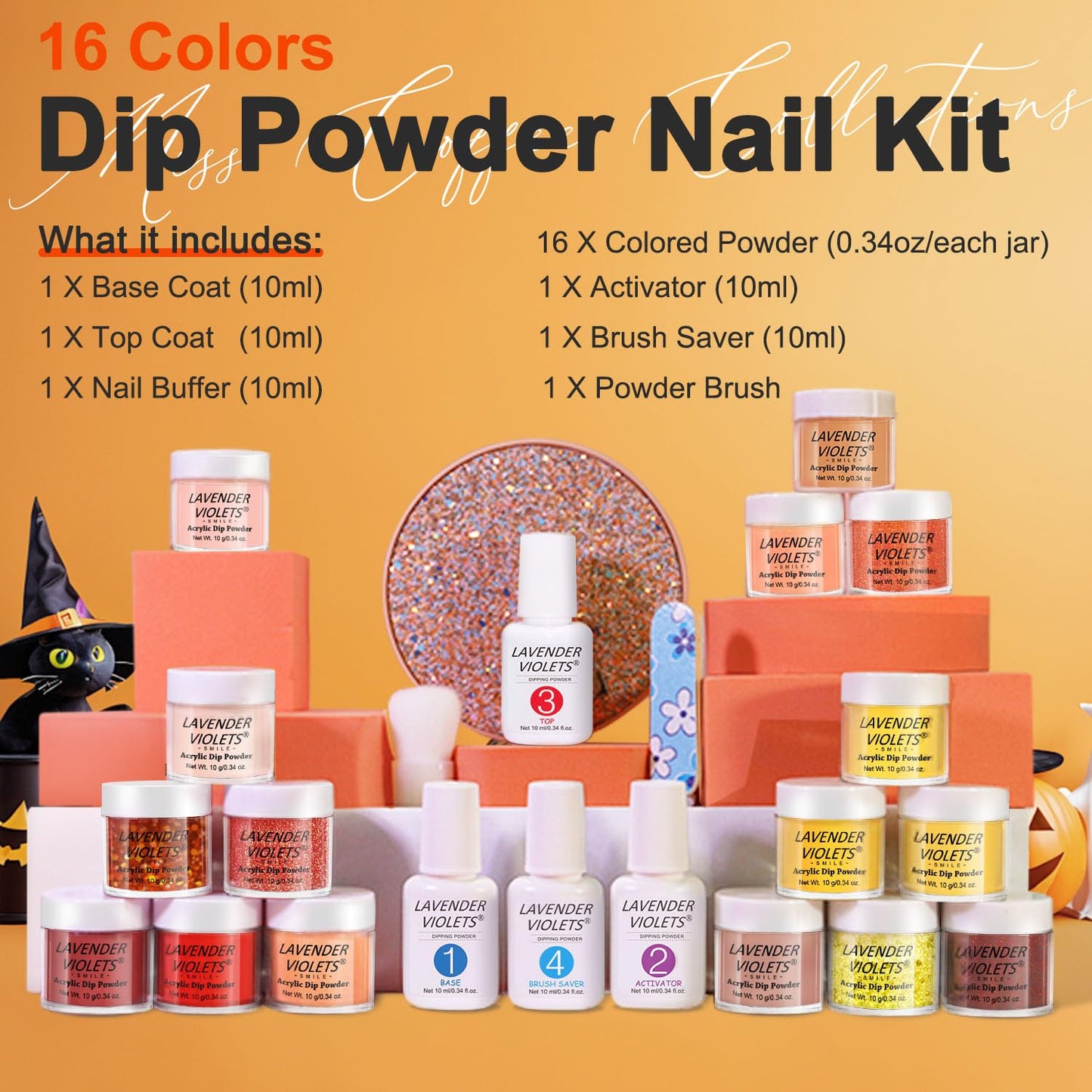 LAVENDER VIOLETS 22Pcs Dip Powder Nail Kit Starter - 16 Colors Halloween Glitter Powder Dipping Liquid Set with Base & Top Coat Activator for Dips Manicure M9601