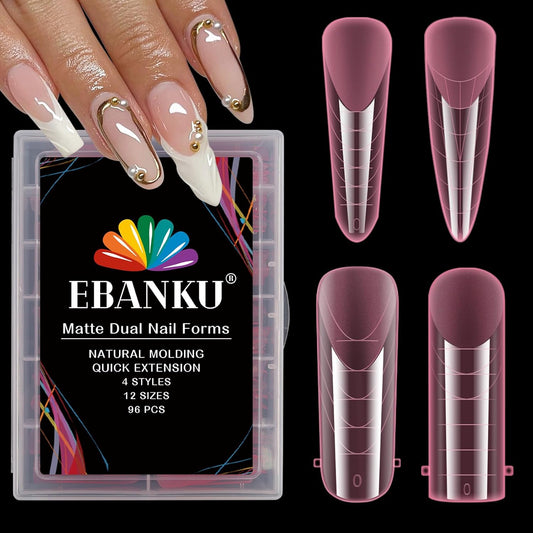 EBANKU Pink Dual Nail Forms, Full Cover Nail Mold Tips Acrylic Nail Extension Tools Scale for Poly Gel Nail Art Salon Nails Design, 96PCS