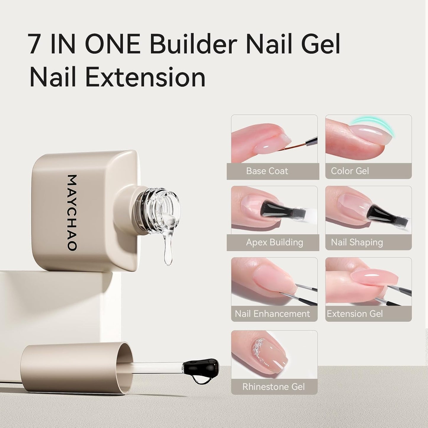 MAYCHAO 15ML Clearly Pink Builder Nail Gel 7 in 1 Clear Pink Builder Strengthener Gel Nail Polish for Nail Extension, No Wipe Base Coat for Home Manicure, 0.5 OZ-05