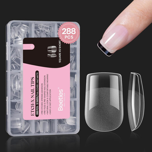 Beetles Gel Nail Tips 288 pcs Extra Short Square Nail Tips 12 Sizes Full Cover Gel Press On Nails Half Matte Acrylic Square Fake Nail Extension Set for Women Home DIY