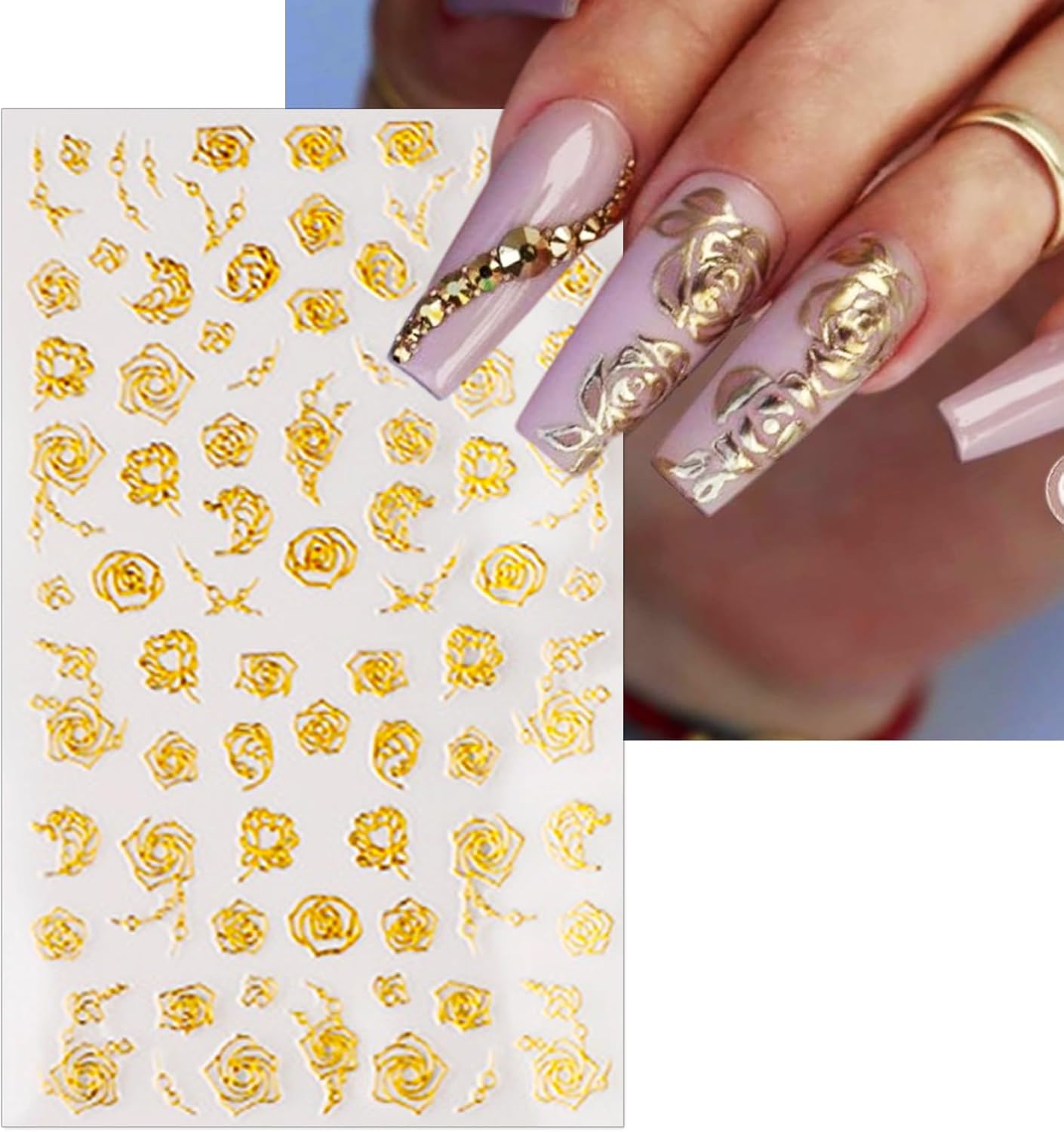 Gold Leaves Nail Art Stickers - Minimalism Geometry Line Self-Adhesive 3D Nail Decals for DIY Golden Manicure(10 Sheets)