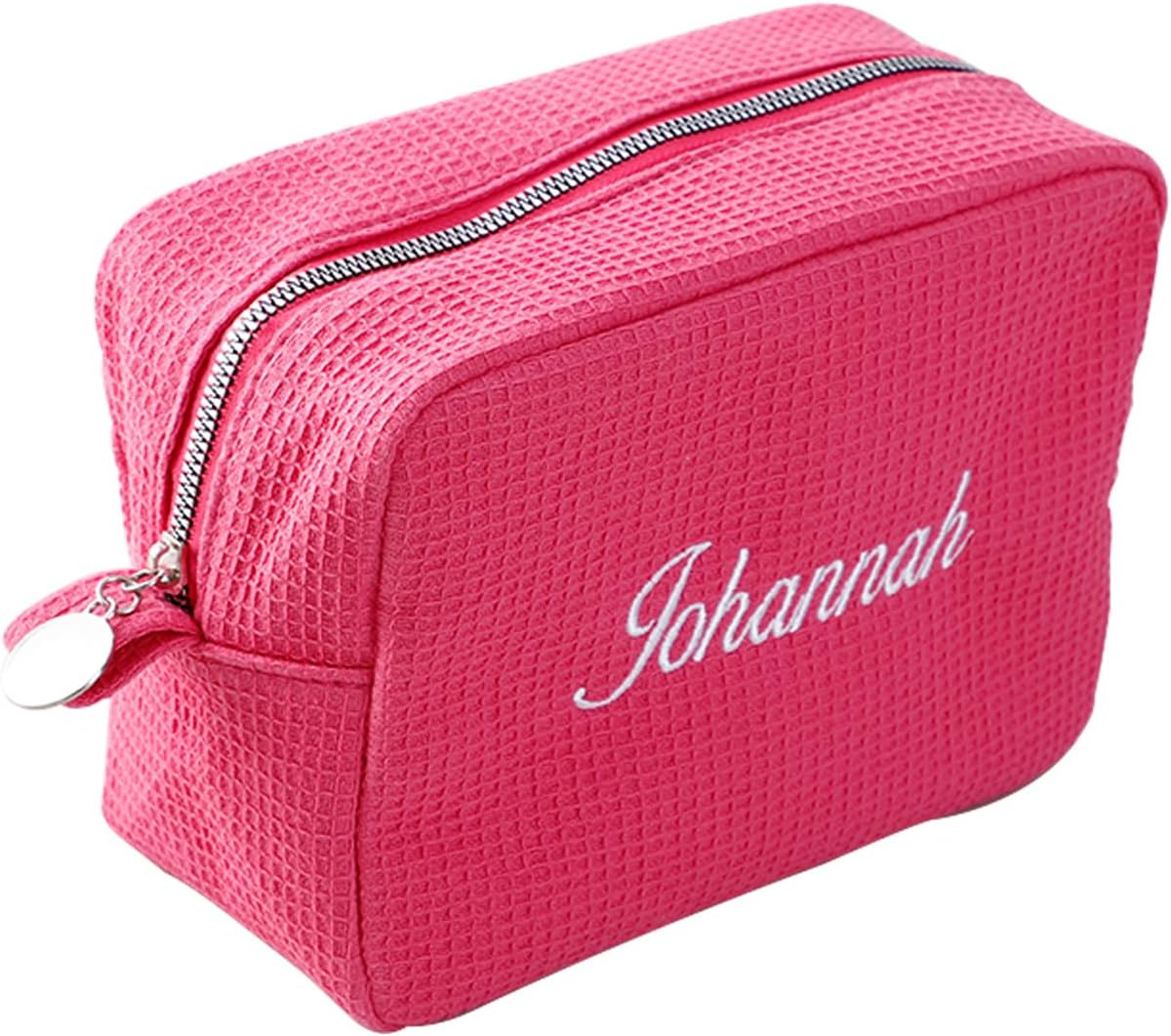 GOPHIE Personalized Embroidered Makeup Bag,Custom Waffle Fabric Cosmetic Pouch for Women, Travel Makeup Pouch (1, Hot Pink)