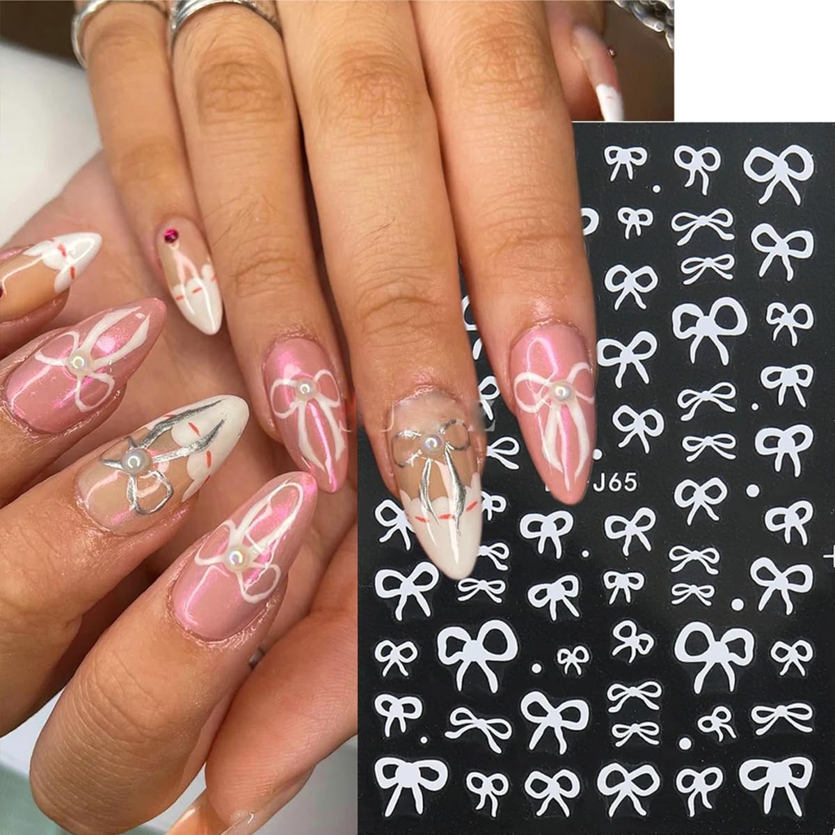 Bows Nail Stickers - Black & White Bow Knot Designs for Simple & Cute Valentines Nail Art - Pink, Red, Silver - 3D Self-Adhesive Stickers for Women - 6 Sheets