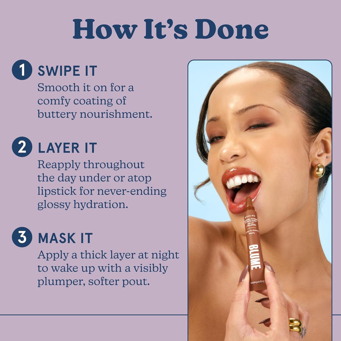 Blume Tri-Peptide Toffee Soft Brown Tinted Lip Balm - Superbalm Lip Moisturizer with Shea Butter and Squalane to Deeply Hydrate & Heal Dry, Cracked Lips - Cruelty Free & Vegan Lip Plumper (0.4 Fl Oz)