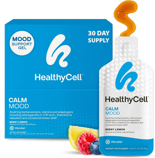 Healthycell Calm Mood Daily Liquid Supplement - Cortisol Manager & Mood Support Supplement for Stress with Ashwagandha, L-Theanine, Magnesium, 5-HTP, GABA & Saffron - 30 Gel Packs