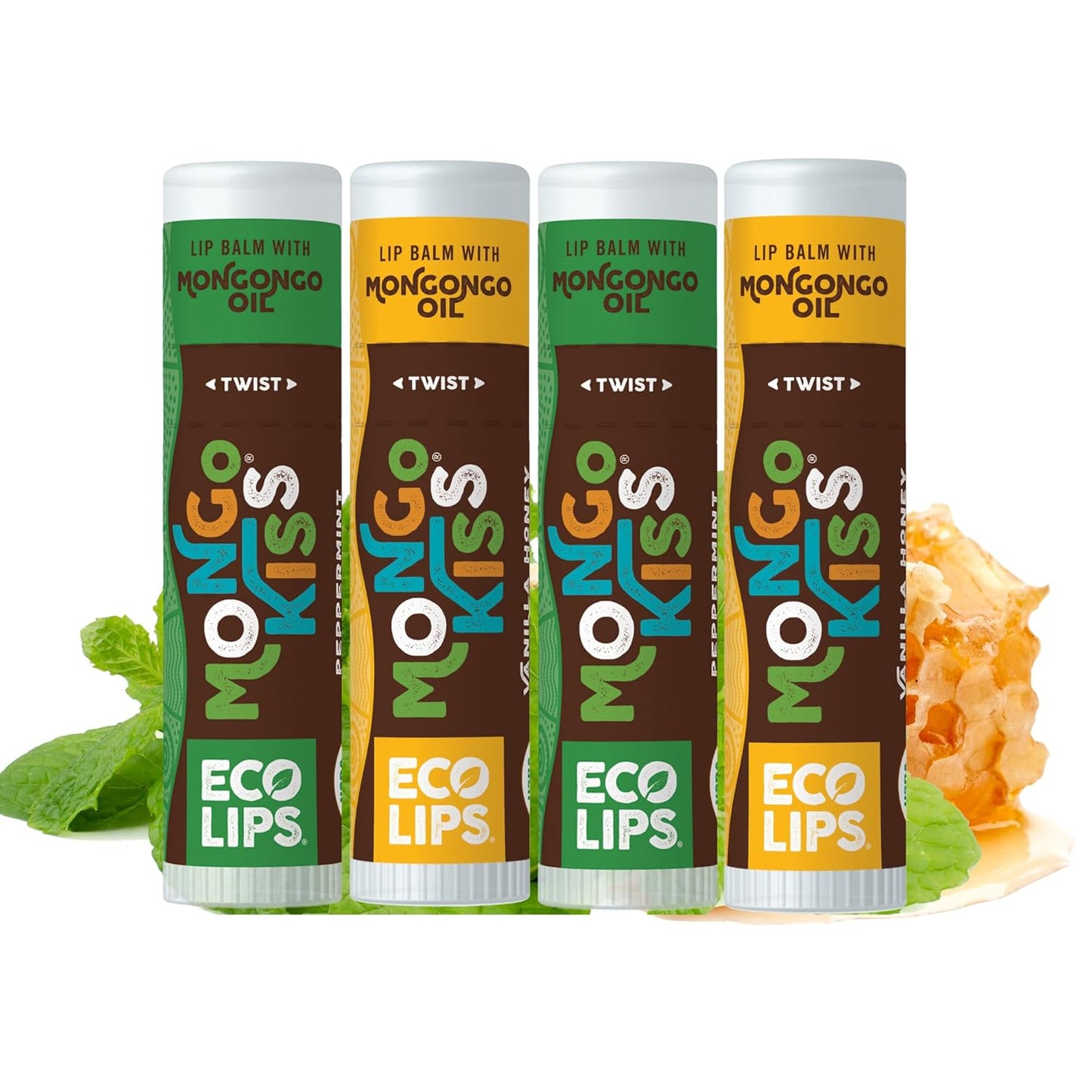 Eco Lips Mongo Kiss Organic Lip Balm 4 Pack - 100 Percent USDA Organic - Soothe, Moisturize Dry, Cracked and Chapped Lips - Made in USA (Peppermint & Vanilla Honey)