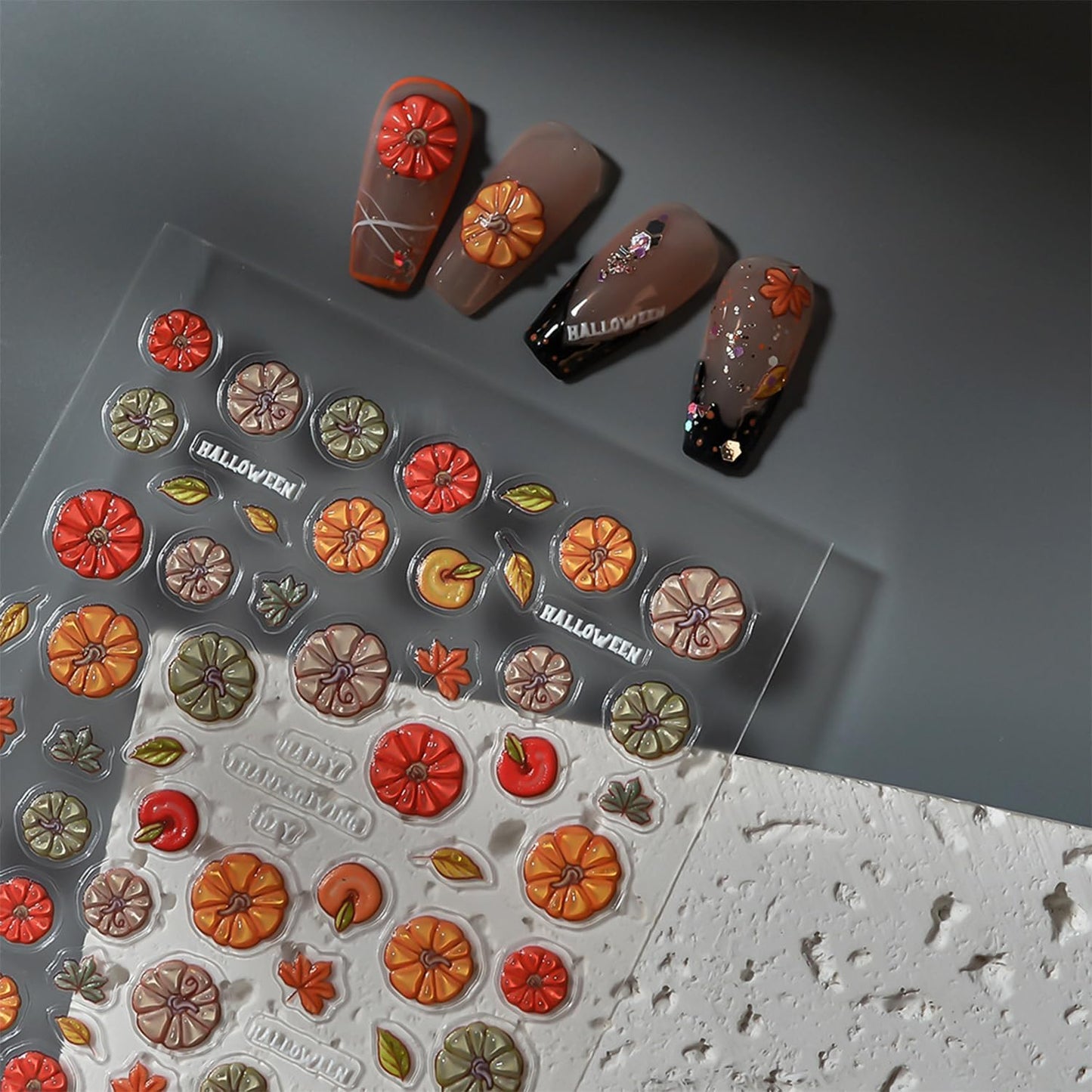 1 Sheets Fall Nail Stickers for Nail Art 5D Self-Adhesive Embossed Pumpkin Nail Art Stickers Autumn Leaves Nail Decals Thanksgiving Nail Design Sticker for Women Nail Decoration